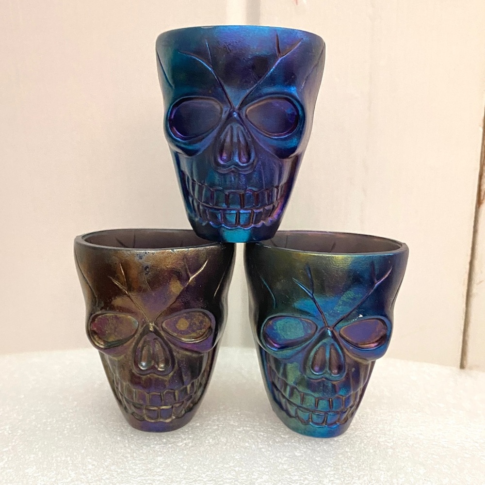 3 SKULL shot glass set iridescent double sided glass mini cup bar lot bundle set
